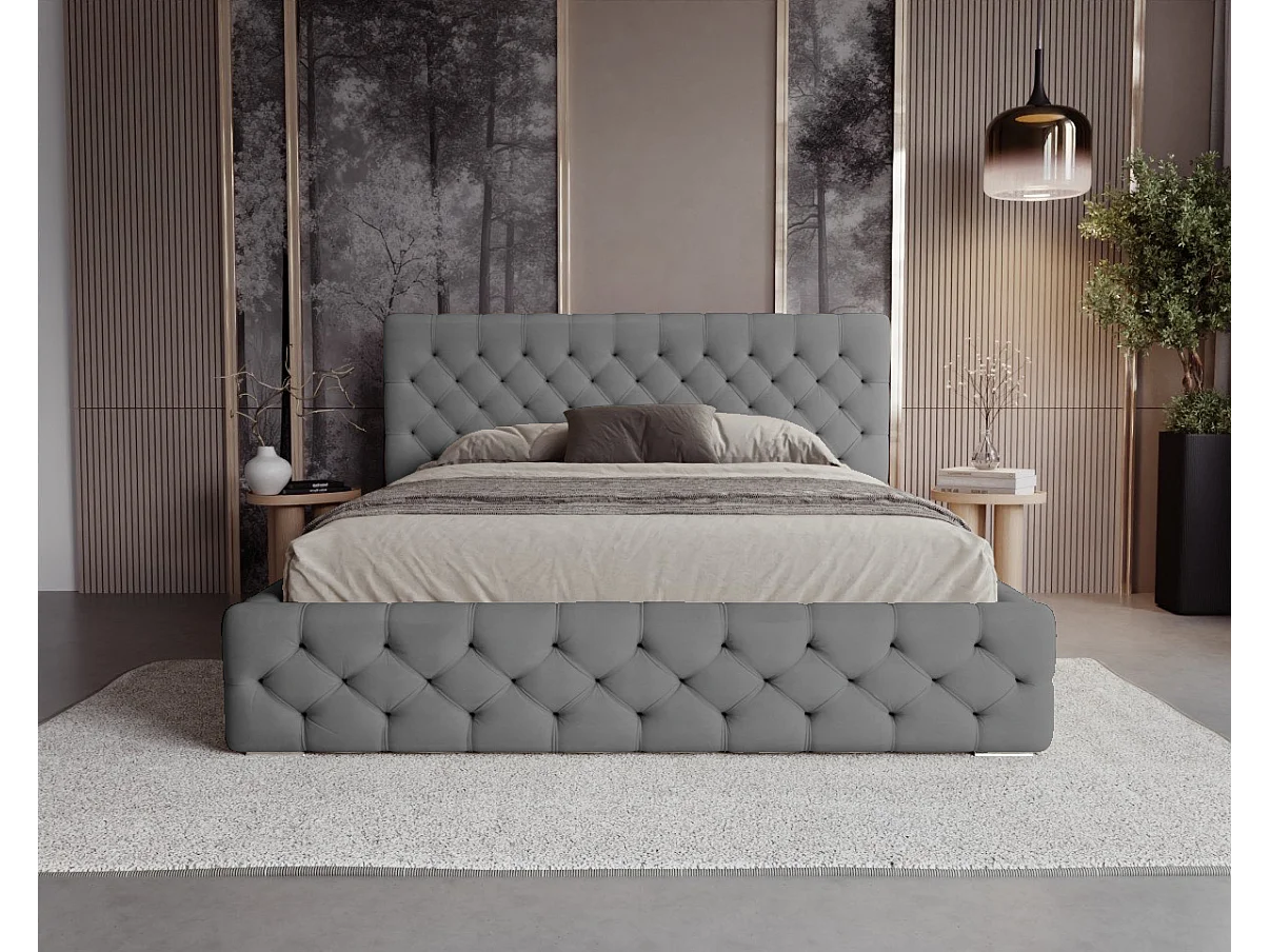 BESILIO Lit capitonné avec boutons 200x200 Chester – lit Chesterfield avec coffre de rangement – Gris