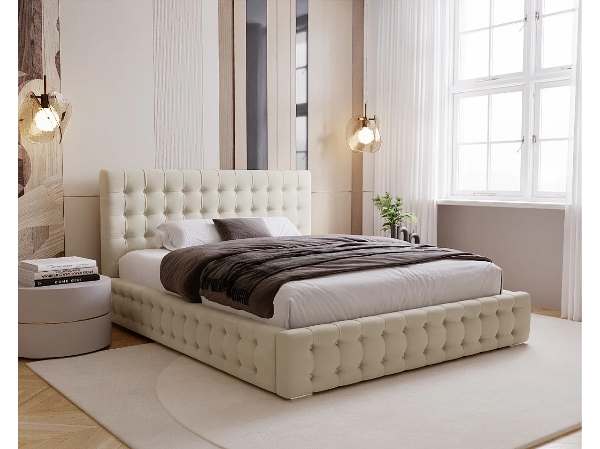 BESILIO Lit tapissé capitonné 120x200 Palmo – lit Chesterfield avec coffre de rangement, boutons capitonnés – Beige