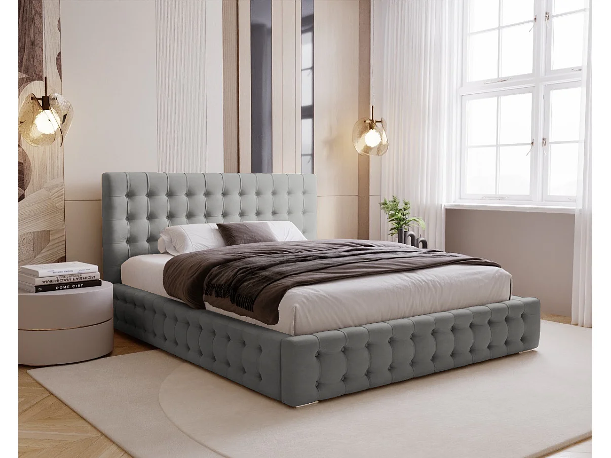 BESILIO Lit tapissé capitonné 120x200 Palmo – lit Chesterfield avec coffre de rangement, boutons capitonnés – Gris