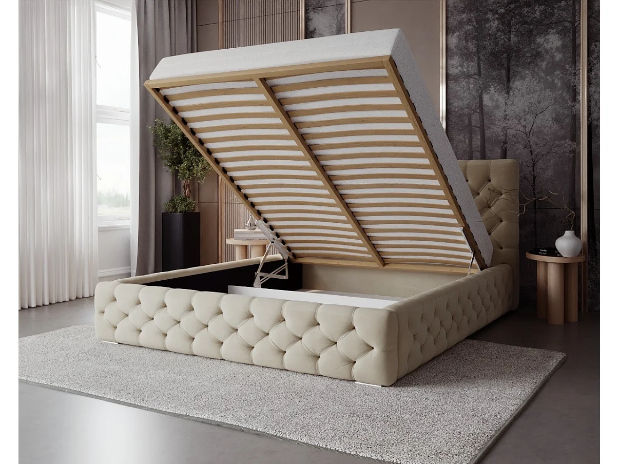 BESILIO Lit capitonné avec boutons 160x200 Chester – lit Chesterfield avec coffre de rangement – Marron