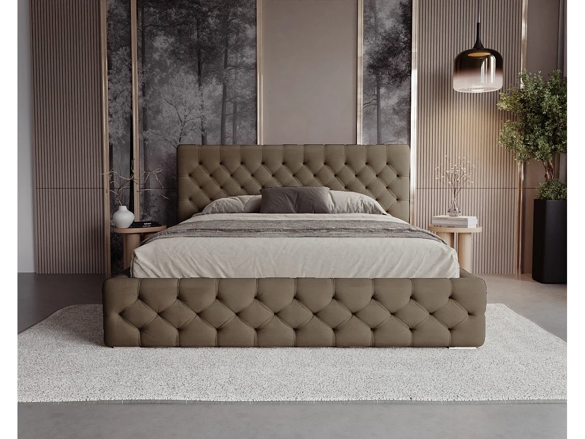 BESILIO Lit capitonné avec boutons 160x200 Chester – lit Chesterfield avec coffre de rangement – Marron