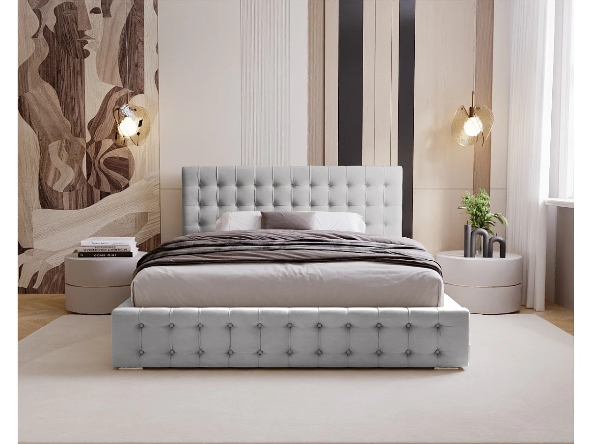 BESILIO Lit tapissé capitonné 200x200 Palmo – lit Chesterfield avec coffre de rangement, boutons capitonnés – Gris clair