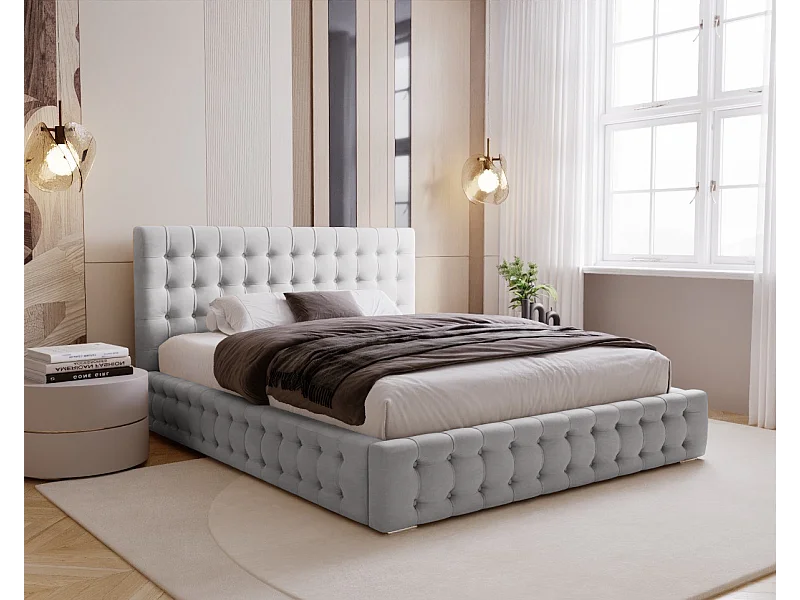 BESILIO Lit tapissé capitonné 200x200 Palmo – lit Chesterfield avec coffre de rangement, boutons capitonnés – Gris clair