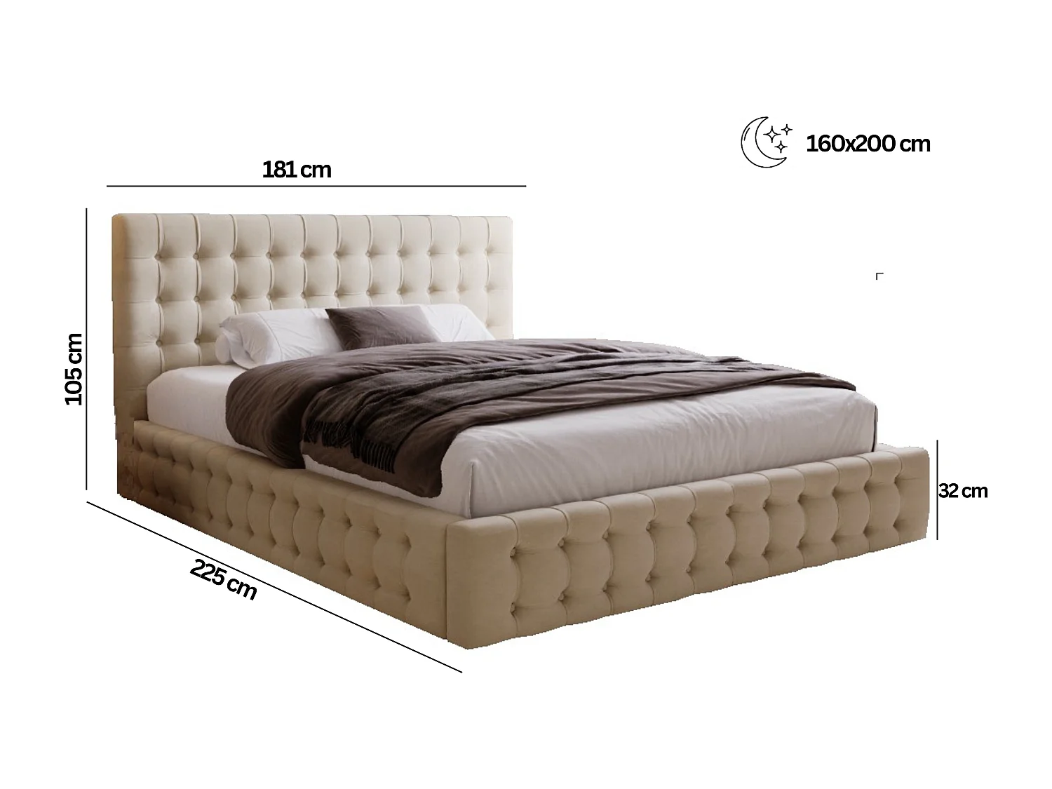 BESILIO Lit tapissé capitonné 160x200 Palmo – lit Chesterfield avec coffre de rangement, boutons capitonnés – Beige