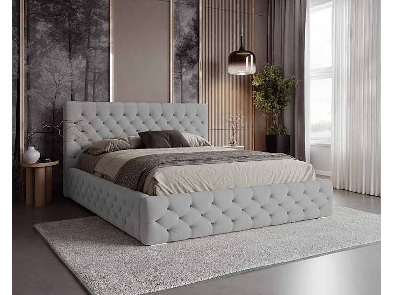 BESILIO Lit capitonné avec boutons 160x200 Chester – lit Chesterfield avec coffre de rangement – Gris clair