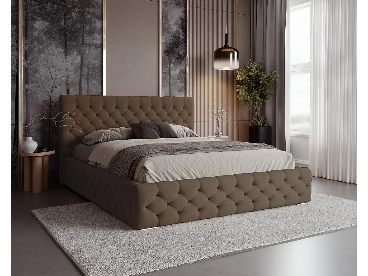 BESILIO Lit capitonné avec boutons 180x200 Chester – lit Chesterfield avec coffre de rangement – Marron