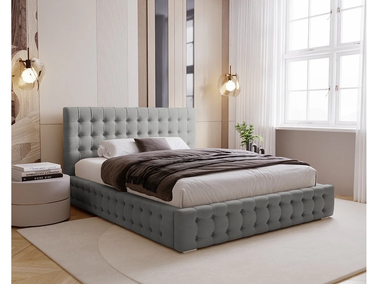 BESILIO Lit tapissé capitonné 180x200 Palmo – lit Chesterfield avec coffre de rangement, boutons capitonnés – Gris