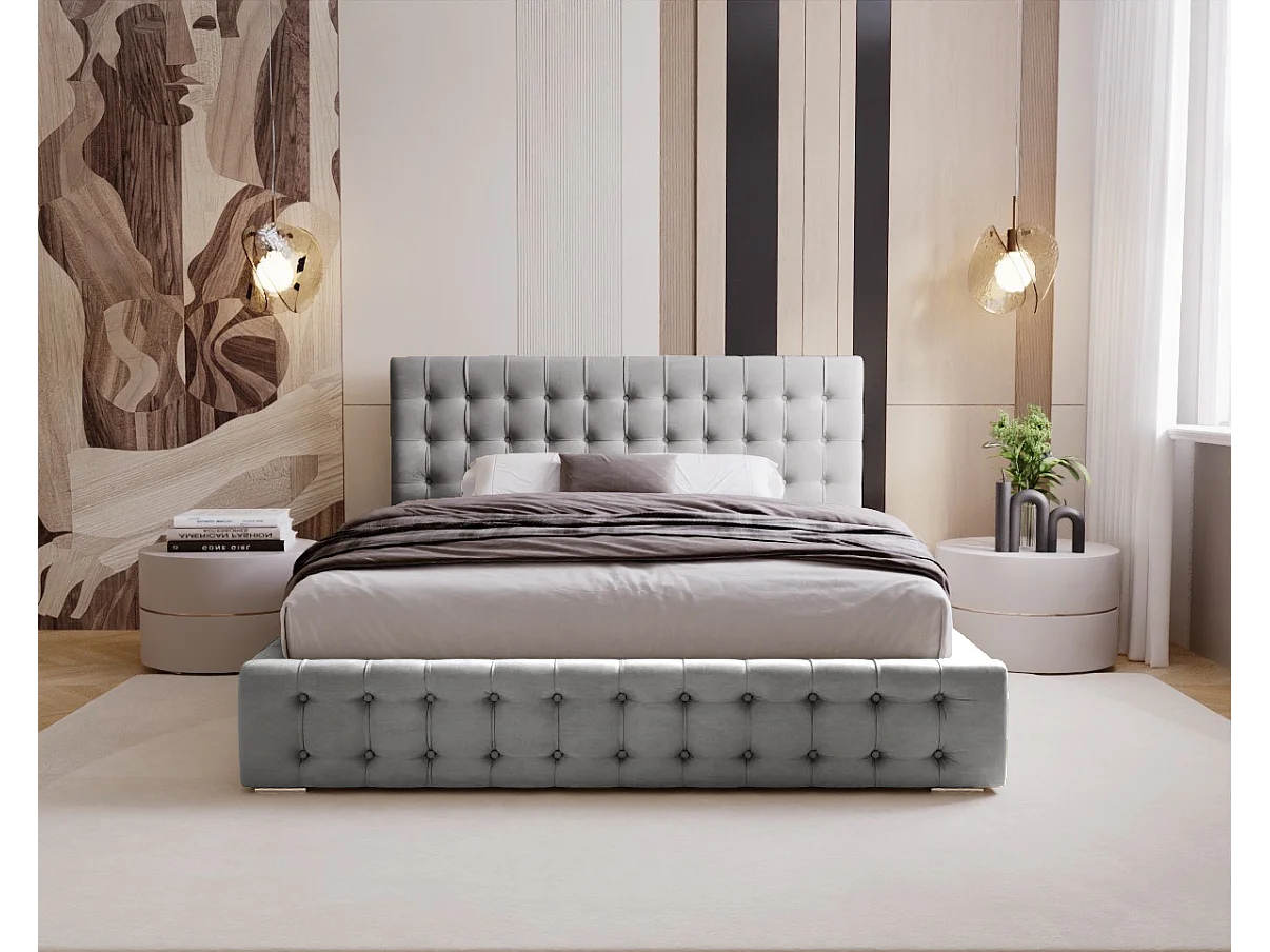 BESILIO Lit tapissé capitonné 180x200 Palmo – lit Chesterfield avec coffre de rangement, boutons capitonnés – Gris