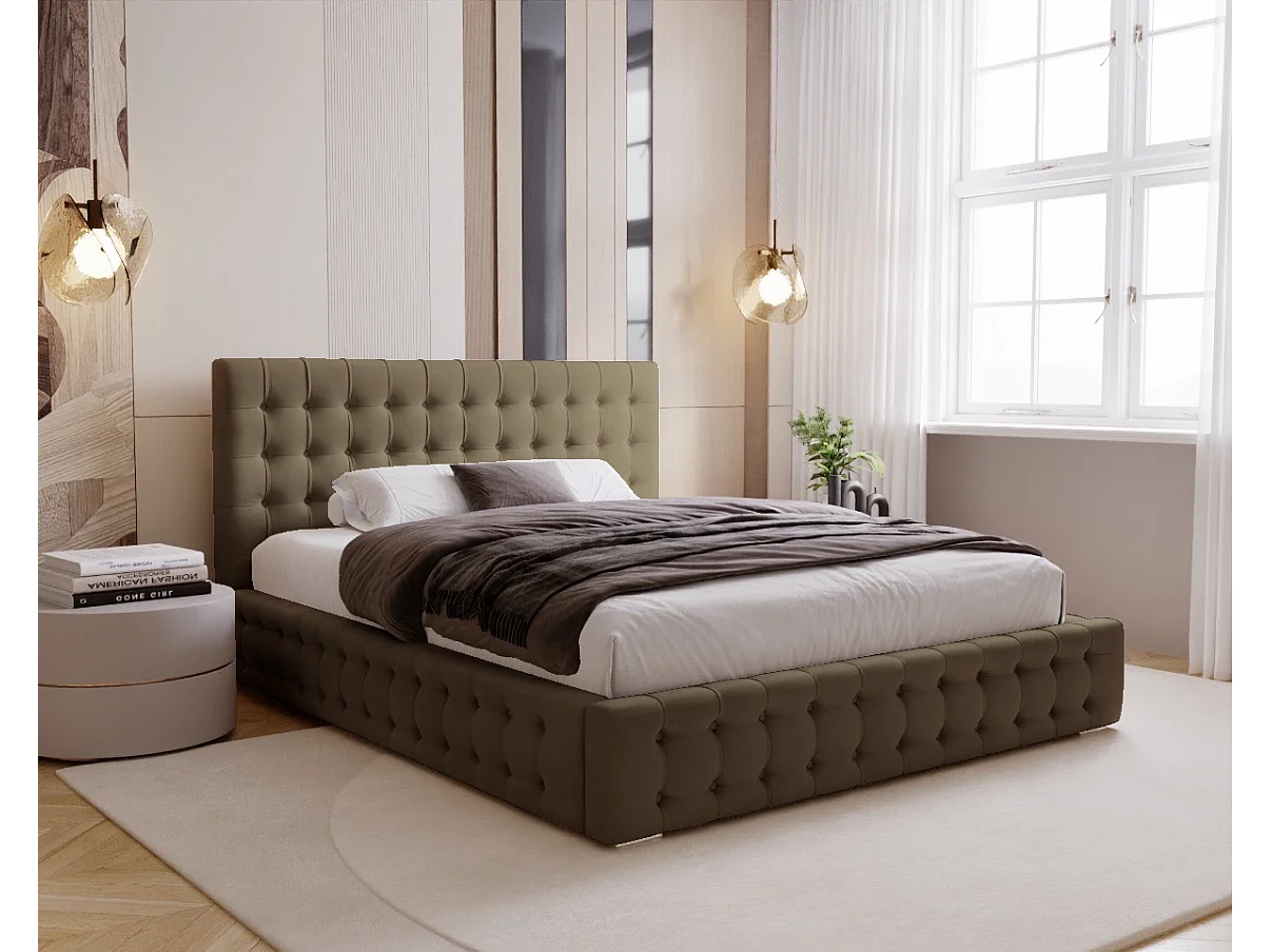 BESILIO Lit tapissé capitonné 180x200 Palmo – lit Chesterfield avec coffre de rangement, boutons capitonnés – Marron
