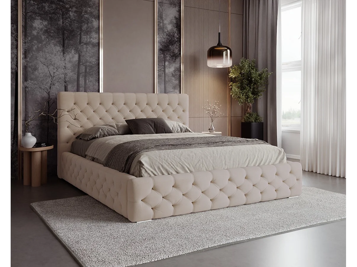 BESILIO Lit capitonné avec boutons 120x200 Chester – lit Chesterfield avec coffre de rangement – Beige