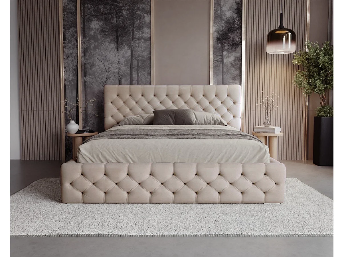BESILIO Lit Chesterfield 120x200 – lit capitonné avec coffre de rangement, boutons capitonnés, lit chambre élégant, lit coffre velours – Beige