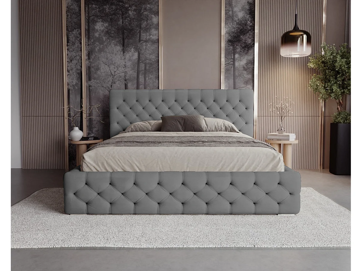 BESILIO Lit capitonné avec boutons 120x200 Chester – lit Chesterfield avec coffre de rangement – Gris