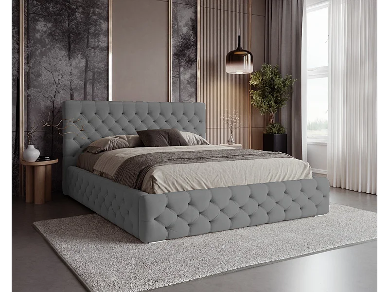 BESILIO Geknöpftes Polsterbett 120x200 Chester – Chesterfield-Bett mit Stauraum – Grau