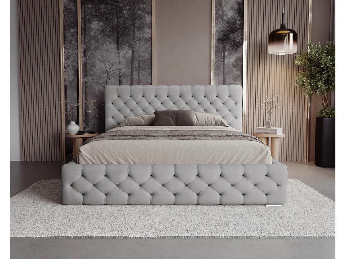 BESILIO Lit capitonné avec boutons 180x200 Chester – lit Chesterfield avec coffre de rangement – Gris clair