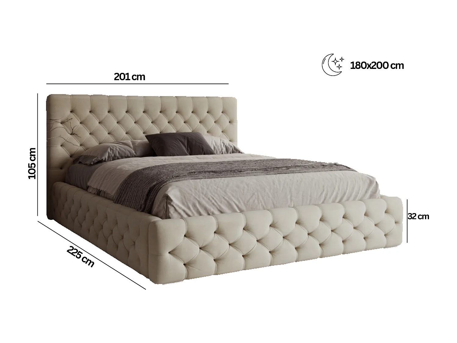 BESILIO Lit Chesterfield 180x200 – lit capitonné avec coffre de rangement, boutons capitonnés, lit chambre élégant, lit coffre velours – Gris clair