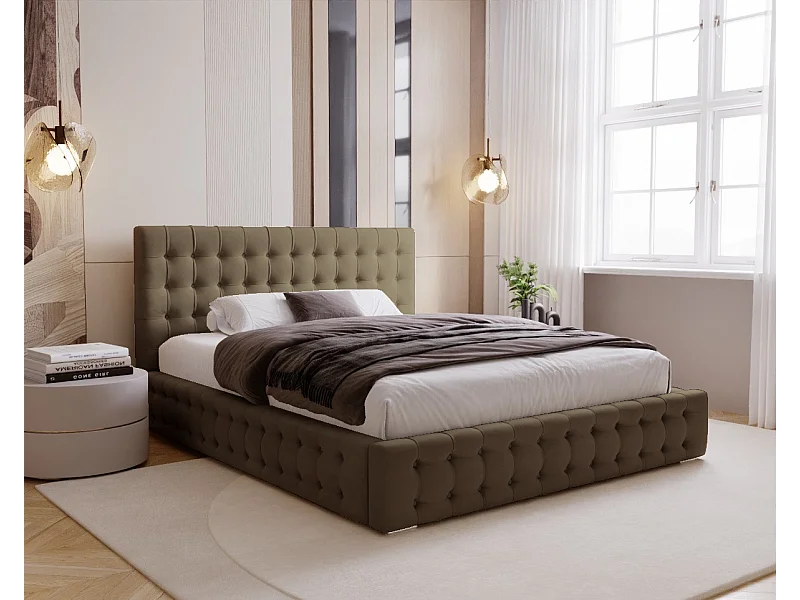 BESILIO Lit tapissé capitonné 120x200 Palmo – lit Chesterfield avec coffre de rangement, boutons capitonnés – Marron