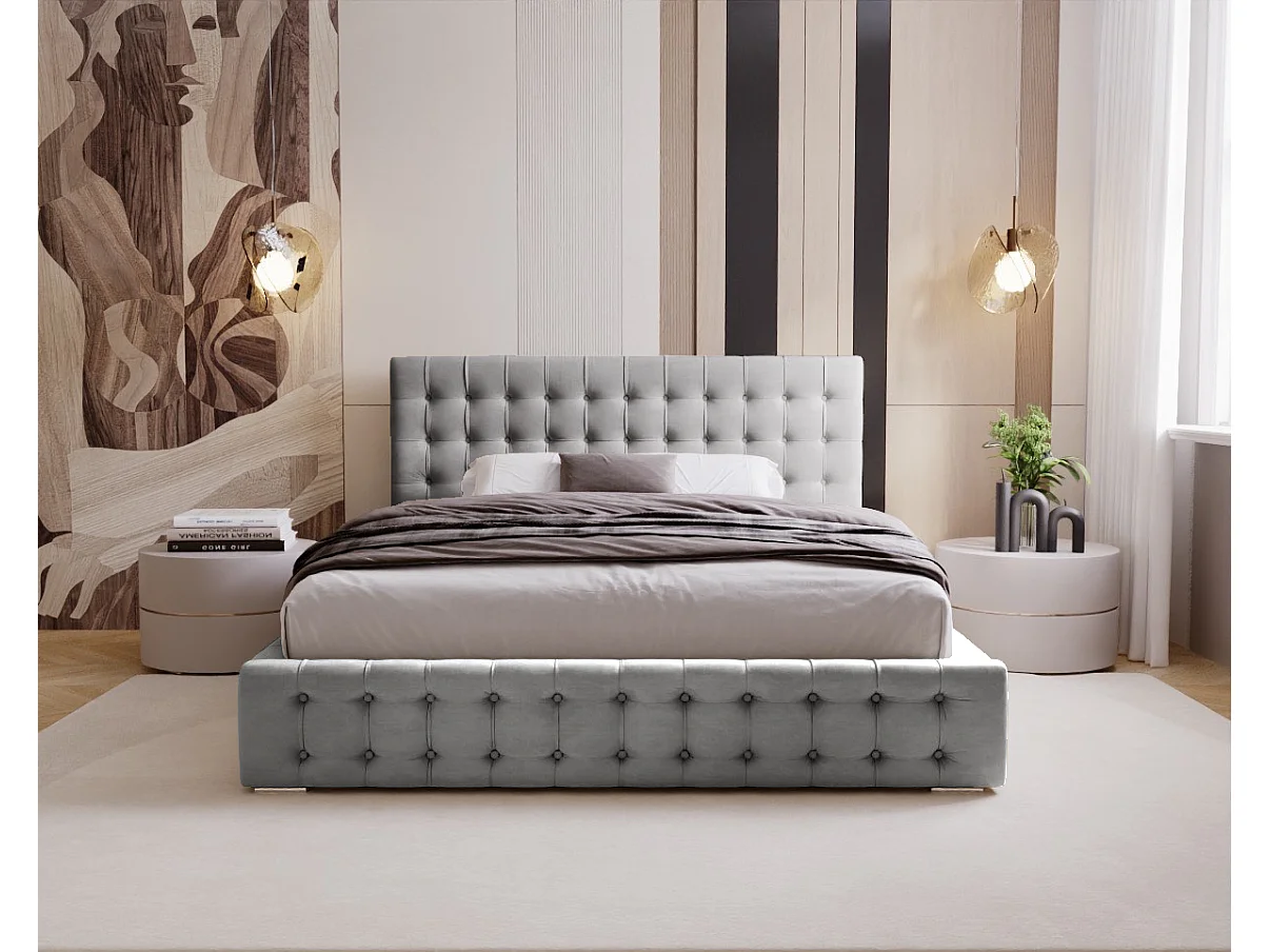 BESILIO Lit tapissé capitonné 140x200 Palmo – lit Chesterfield avec coffre de rangement, boutons capitonnés – Gris