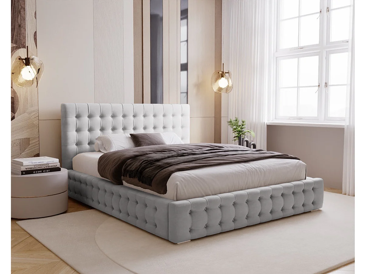 BESILIO Lit tapissé capitonné 120x200 Palmo – lit Chesterfield avec coffre de rangement, boutons capitonnés – Gris clair