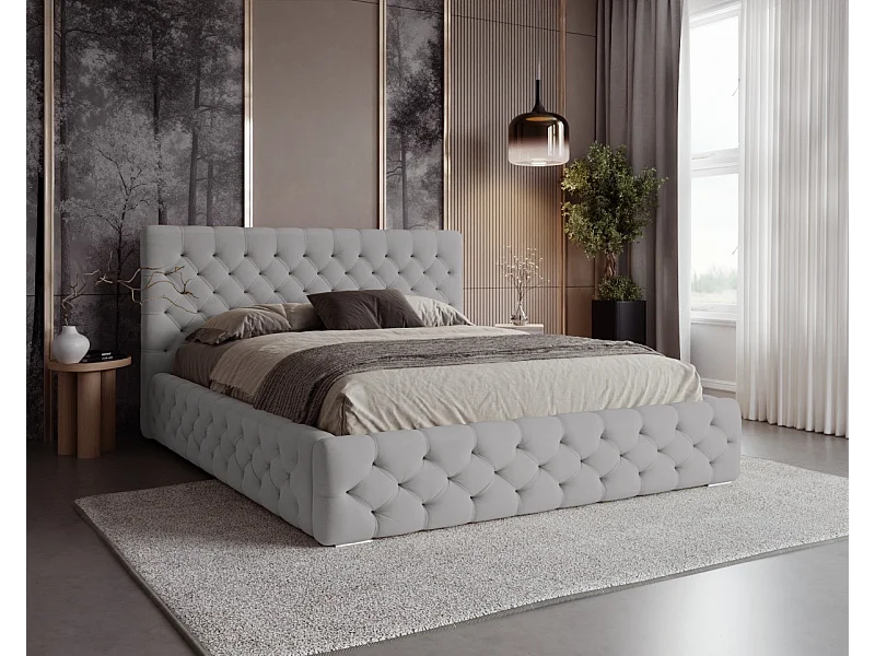 BESILIO Geknöpftes Polsterbett 140x200 Chester – Chesterfield-Bett mit Stauraum – Hellgrau