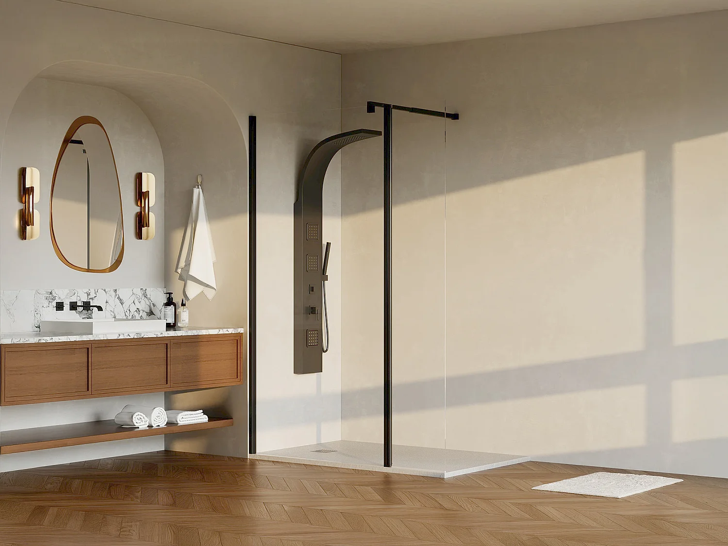 Paroi de douche à l'italienne avec volet pivotant - Noir mat - Verre 6 mm - (100 + 40) x 200 cm  - DAREN