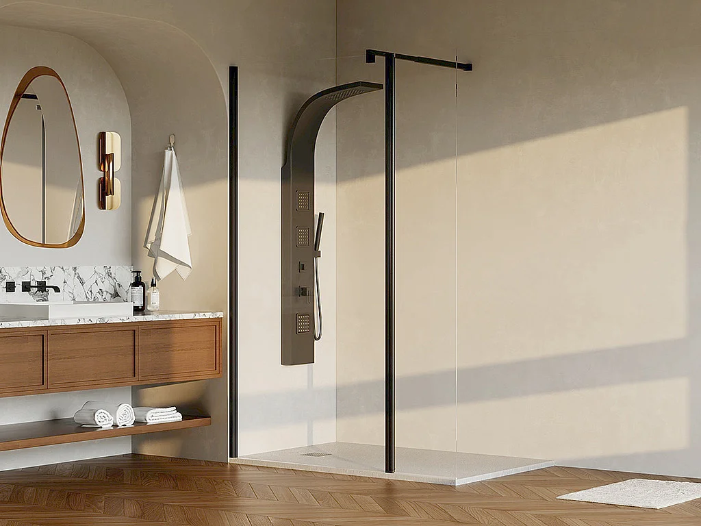 Paroi de douche à l'italienne avec volet pivotant - Noir mat - Verre 6 mm - (100 + 40) x 200 cm  - DAREN