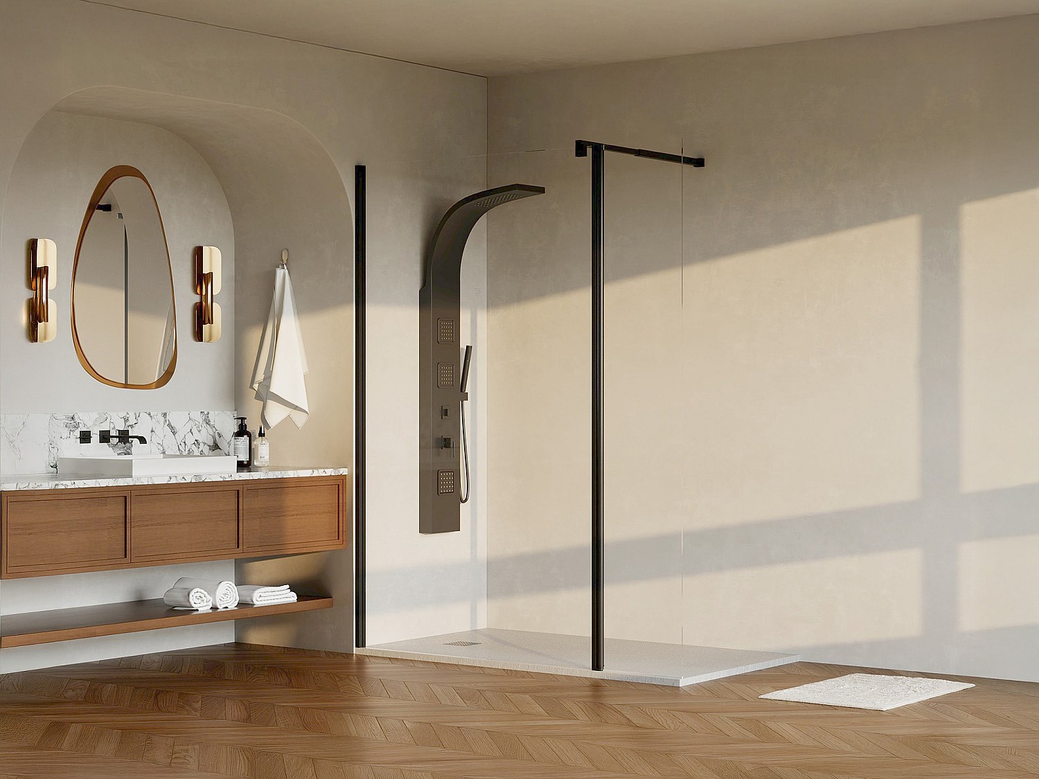 Duschtrennwand Seitenwand italienische Dusche mit Schwenktür - Mattschwarz günstig online kaufen