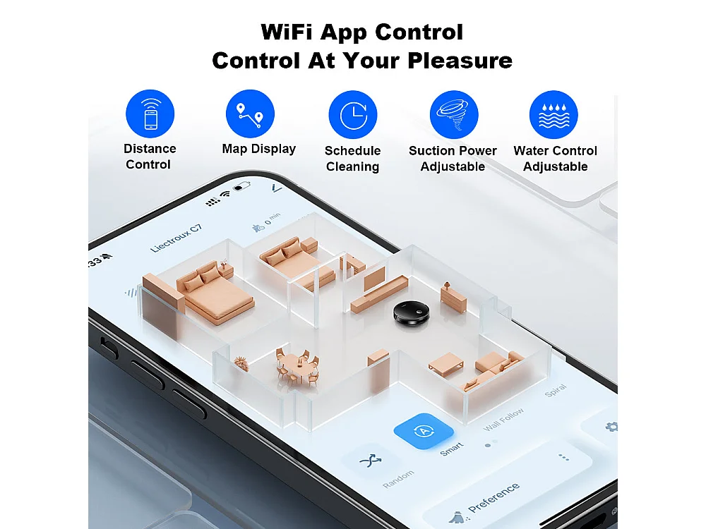 Aspirateur robot C7 avec fonction laveur, application Wi-Fi et télécommande, aspiration de 6 kPa,  compatible avec Alexa et Google Assistant