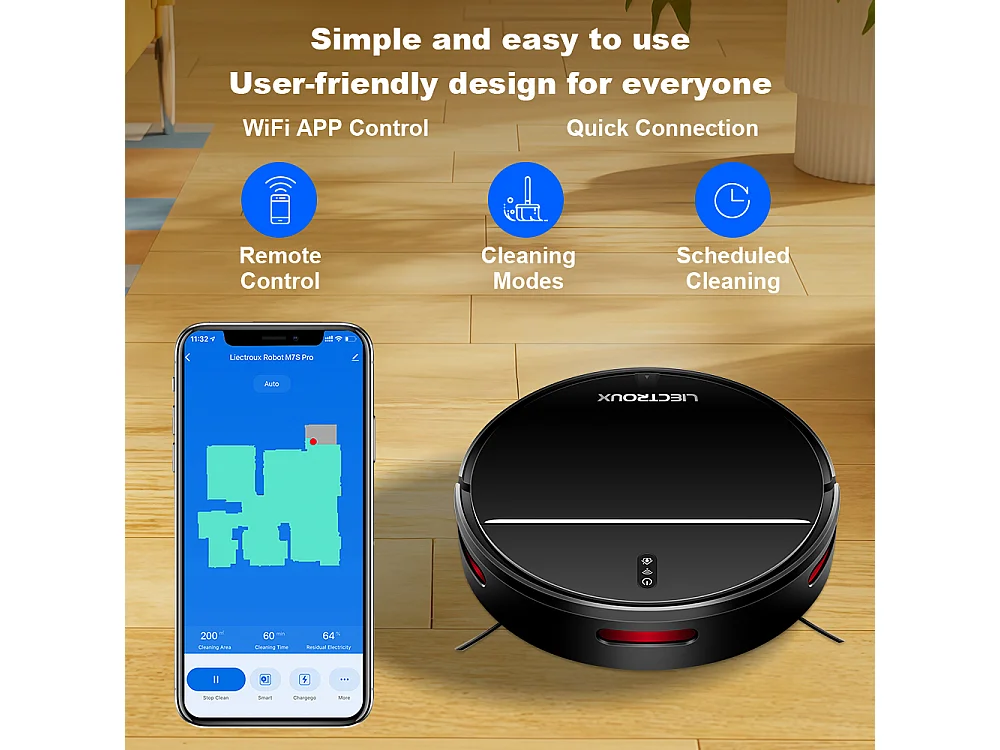 LIECTROUX M7S PRO - Aspirateur robot laveur connecté - 4000 Pa - Navigation cartographique - Autonomie 120 mn