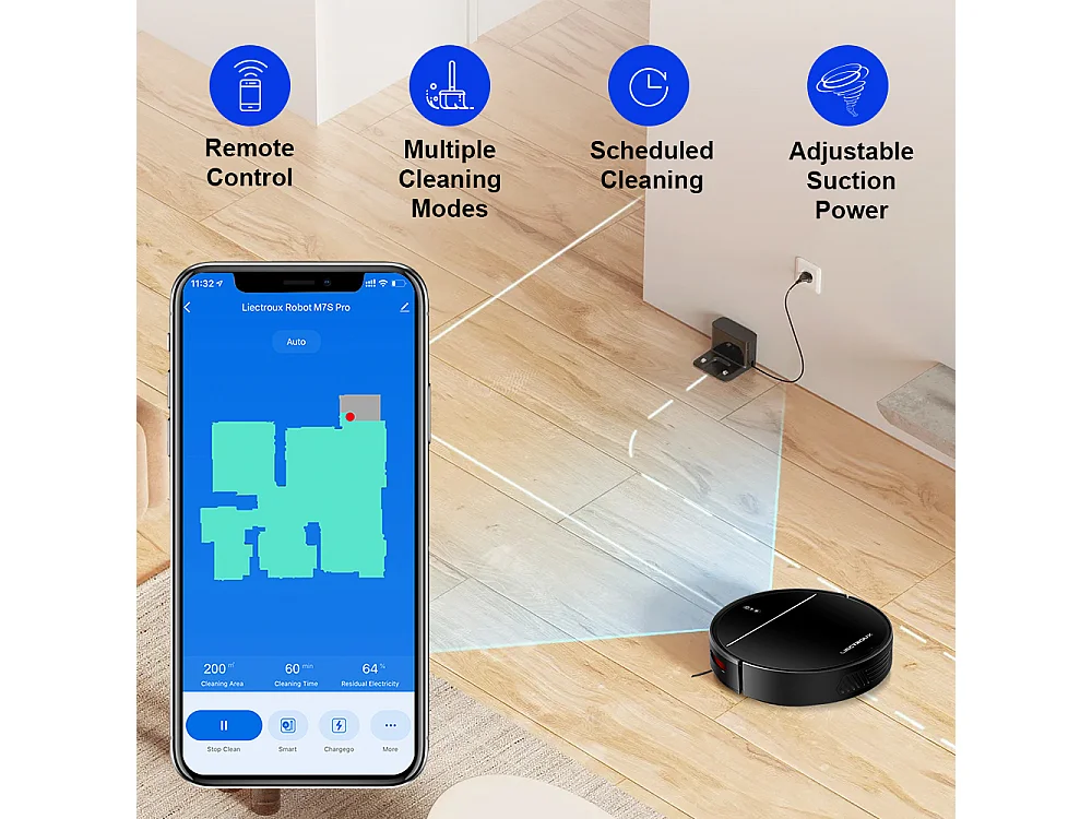 LIECTROUX M7S PRO - Aspirateur robot laveur connecté - 4000 Pa - Navigation cartographique - Autonomie 120 mn