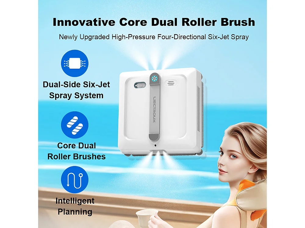 Robot lave-vitres S9, avec 2 brosses rotatives, pompe à eau à 6 jets, moteur sans balais, aspiration de 9 kPa, 8 micro-interrupteurs,app, instructions vocales.