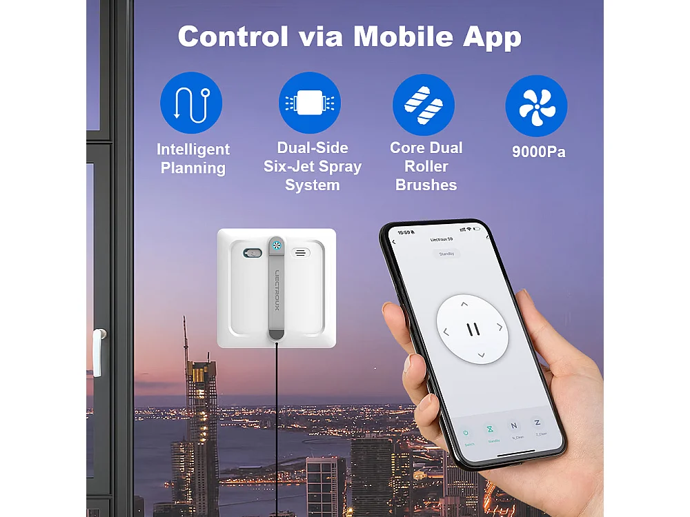 Robot lave-vitres S9, avec 2 brosses rotatives, pompe à eau à 6 jets, moteur sans balais, aspiration de 9 kPa, 8 micro-interrupteurs,app, instructions vocales.
