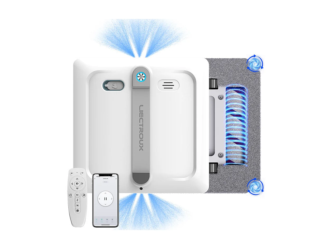 Robot lave-vitres S9, avec 2 brosses rotatives, pompe à eau à 6 jets, moteur sans balais, aspiration de 9 kPa, 8 micro-interrupteurs,app, instructions vocales.