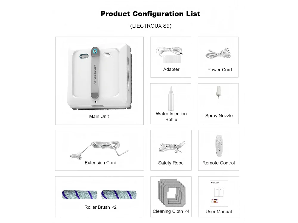 Robot lave-vitres S9, avec 2 brosses rotatives, pompe à eau à 6 jets, moteur sans balais, aspiration de 9 kPa, 8 micro-interrupteurs,app, instructions vocales.