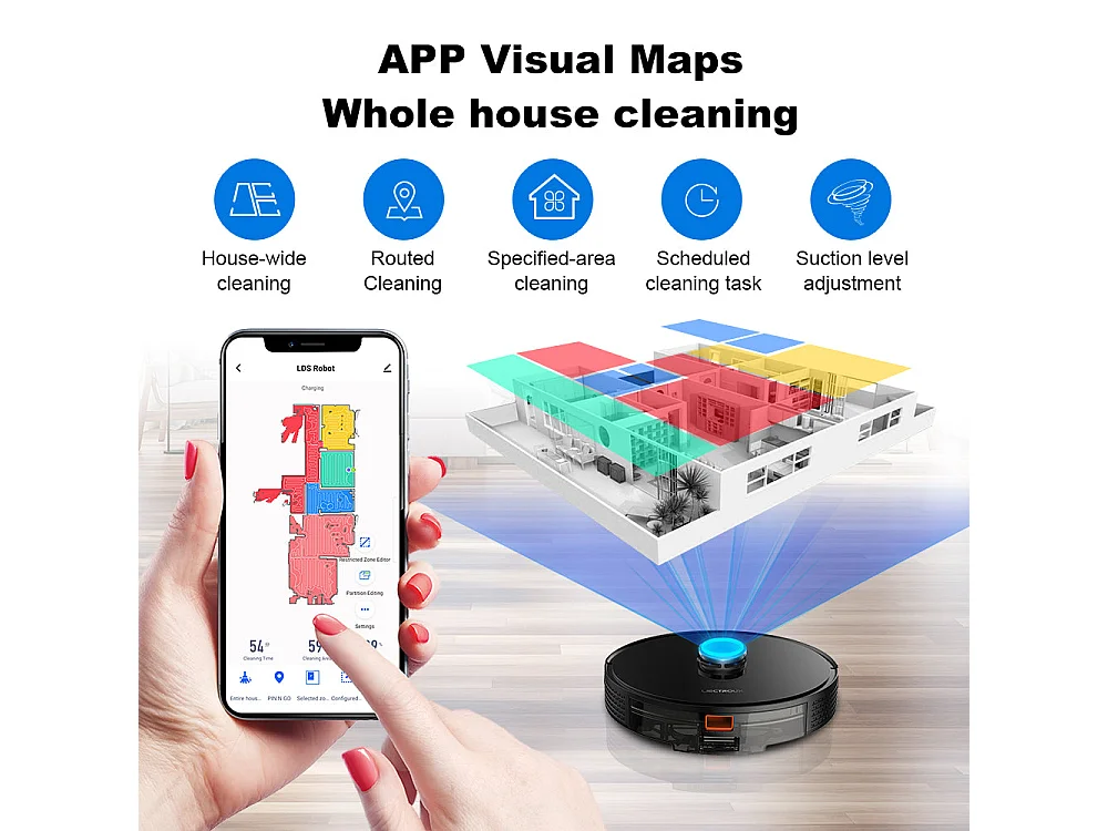 Nouveau robot aspirateur laser modèle X6 avec bac à poussière 2 en 1, 5 cartes enregistrées,, configuration de mur virtuel via application, 6500 Pa