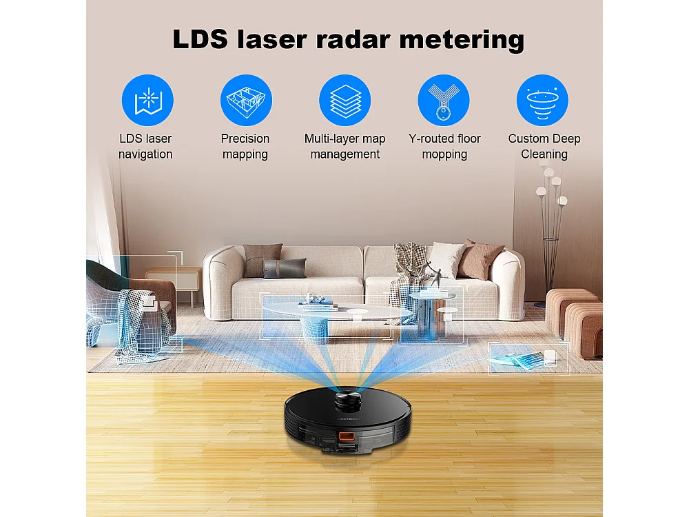 Nouveau robot aspirateur laser modèle X6 avec bac à poussière 2 en 1, 5 cartes enregistrées,, configuration de mur virtuel via application, 6500 Pa