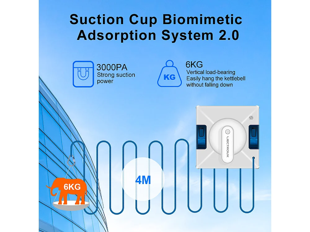 LIECTROUX Robot Lave Vitres YW509 – Pulvérisation 4 Buses / 3 Directions – Réservoir 100mL – 3800Pa – APP – Triple Sécurité