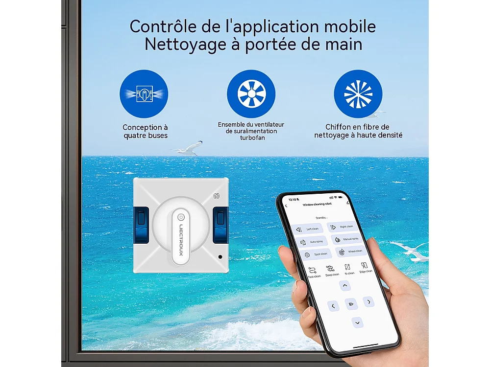 LIECTROUX Robot Lave Vitres YW509 – Pulvérisation 4 Buses / 3 Directions – Réservoir 100mL – 3800Pa – APP – Triple Sécurité
