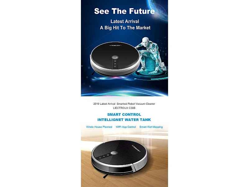 Aspirateur robot C30B à navigation gyroscopique, avec guidage vocal, app,ac à poussière de 600 ml et puissance d'aspiration de 6 000 Pa.