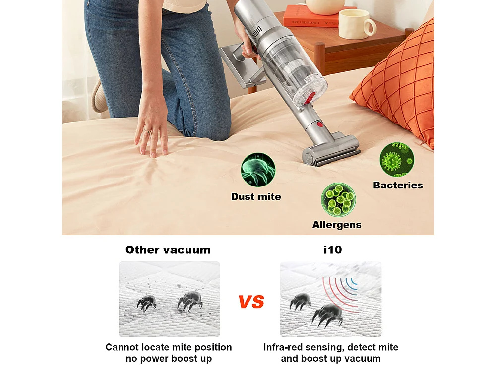 Aspirateur intelligent sans fil portable i10 avec puissance maximale de 27 000 Pa et éclairage LED