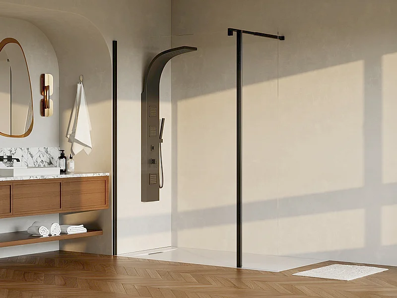 Paroi de douche à l'italienne avec volet pivotant - Noir mat - Verre 6 mm - (140 + 40) x 200 cm  - DAREN