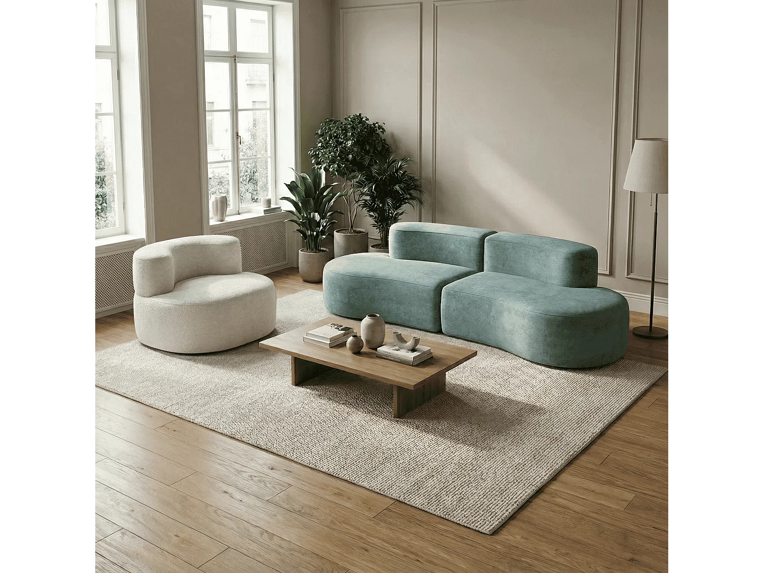 Pack lounge canapé et fauteuil - sauge et blanc