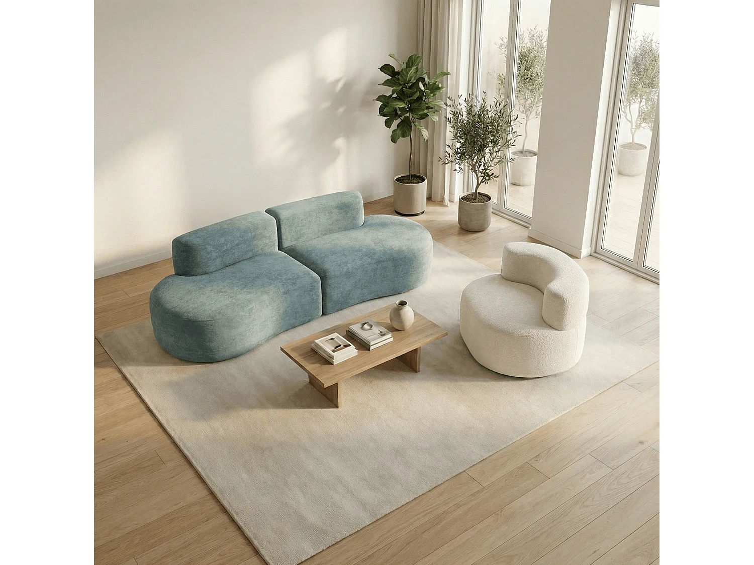 Pack lounge canapé et fauteuil - sauge et blanc