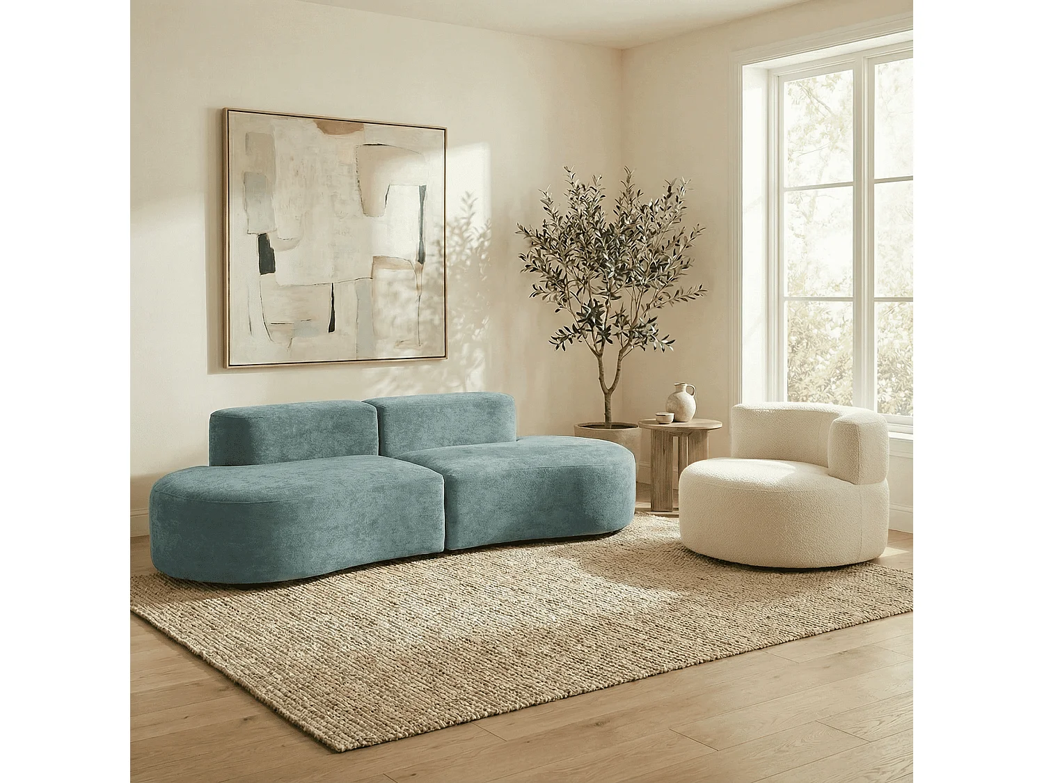 Pack lounge canapé et fauteuil - sauge et blanc
