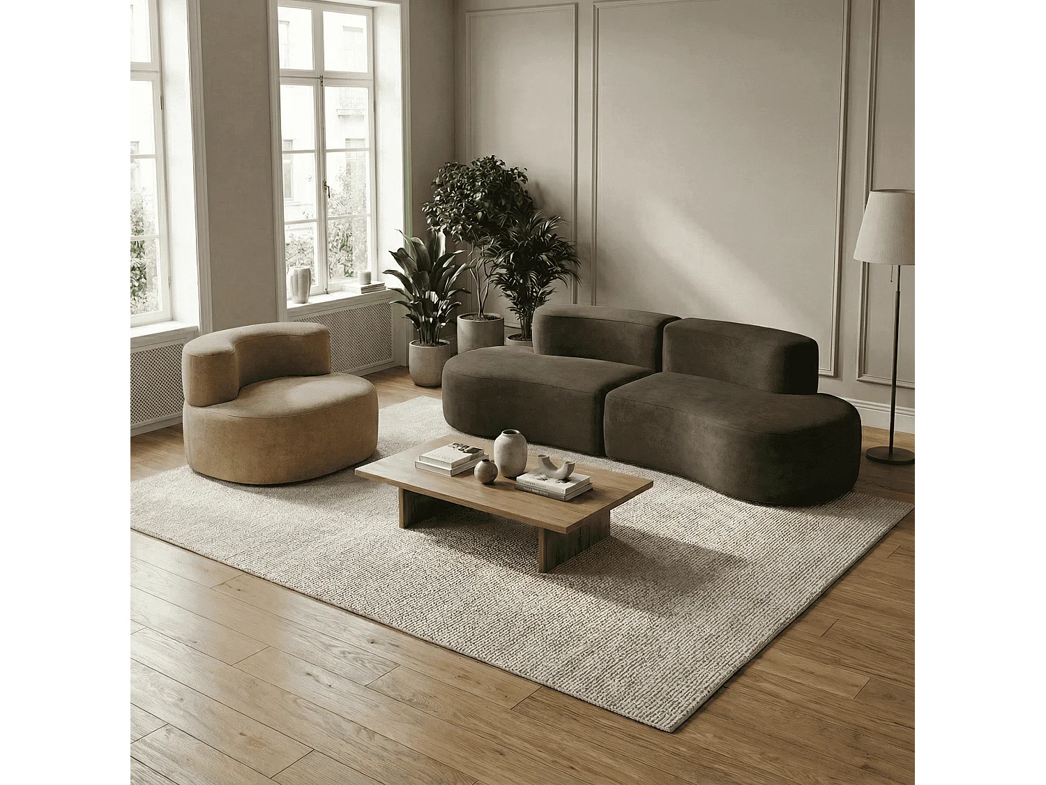 Coco Living Lounge Paket Soffa och Fåtölj - Choklad och Sand