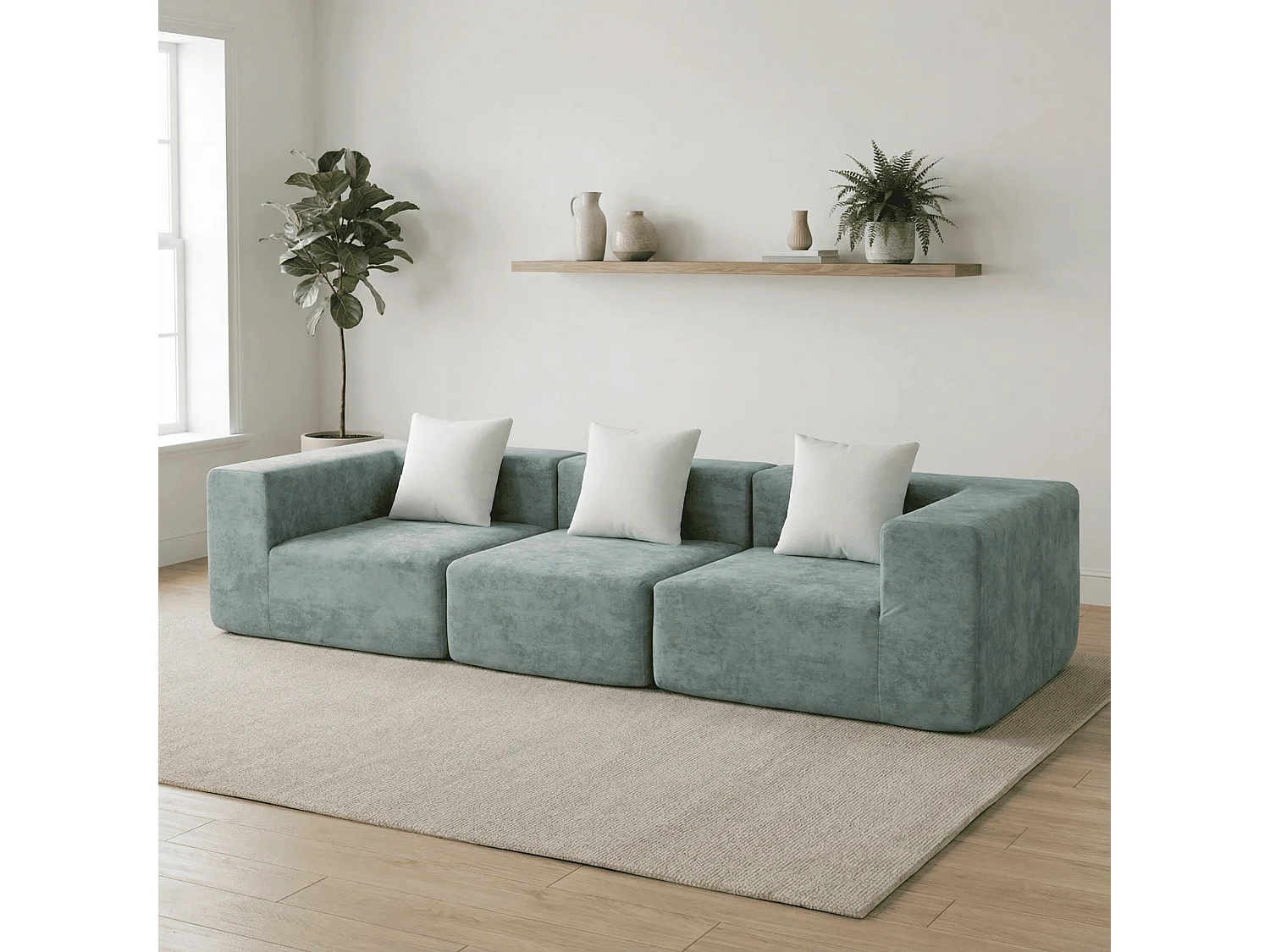 Canapé Compressé  3 places Pure en flannelle - Sauge et blanc