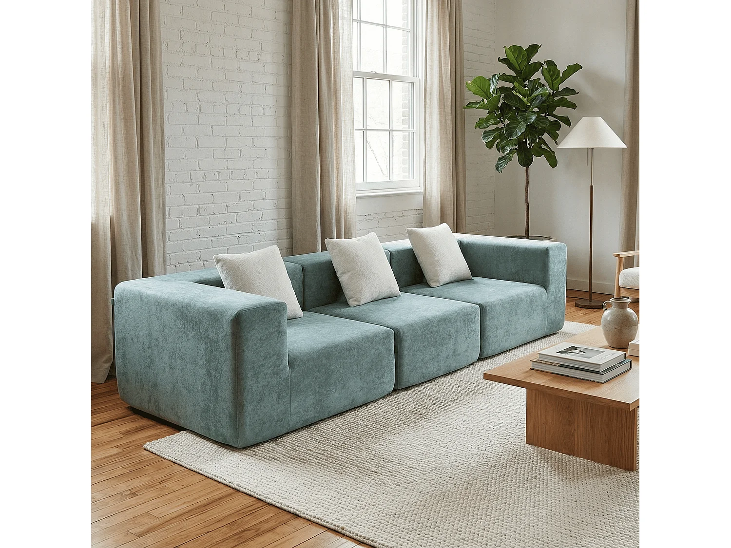 Canapé Compressé  3 places Pure en flannelle - Sauge et blanc