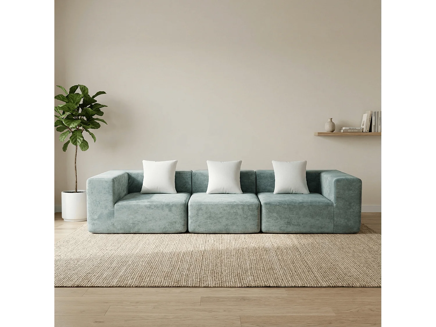 Canapé Compressé  3 places Pure en flannelle - Sauge et blanc