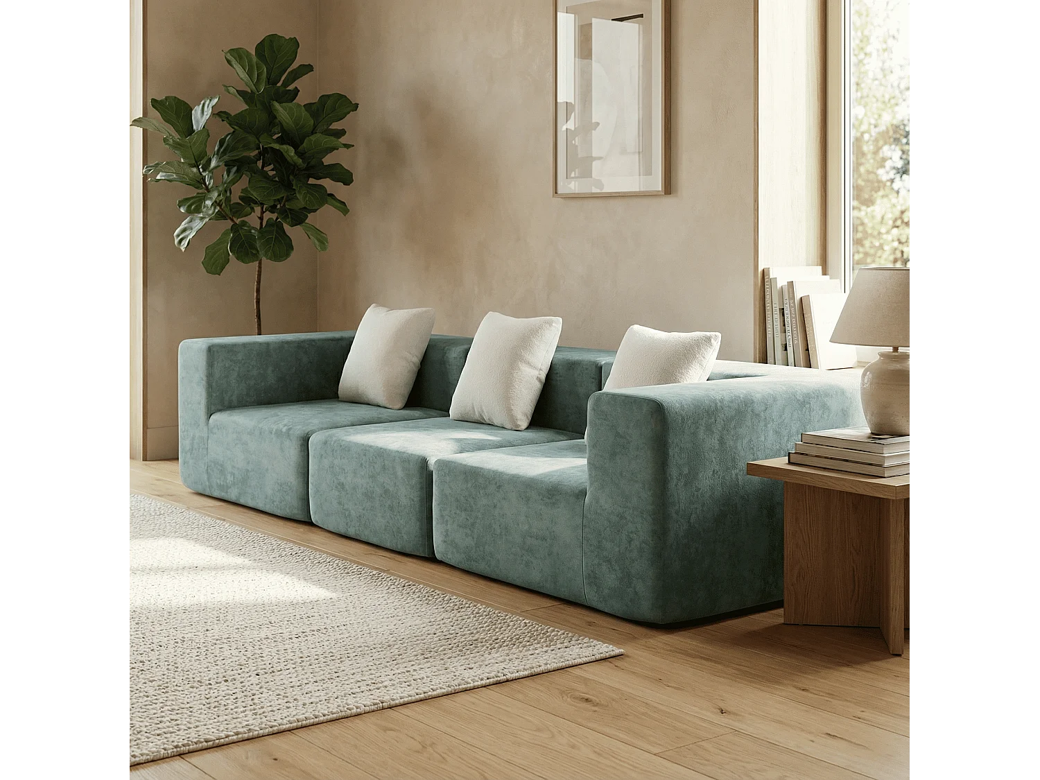 Canapé Compressé  3 places Pure en flannelle - Sauge et blanc