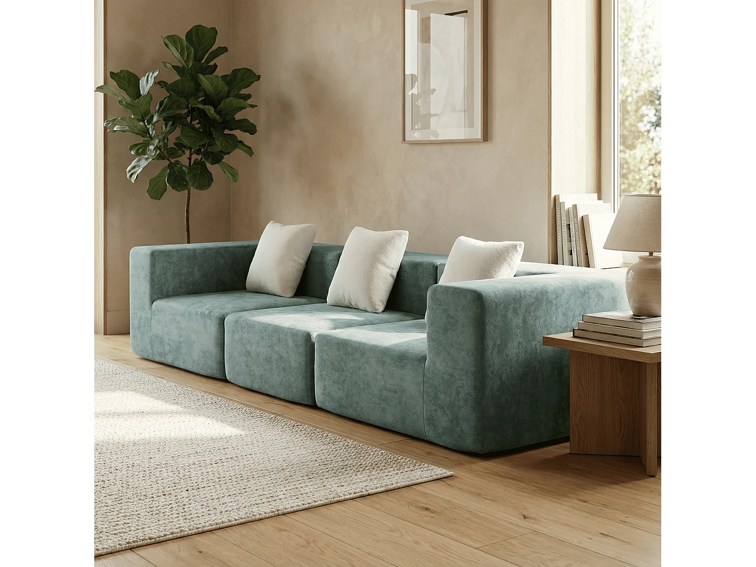 Coco Living Canapé Compressé  3 places Pure en flannelle - Sauge et blanc