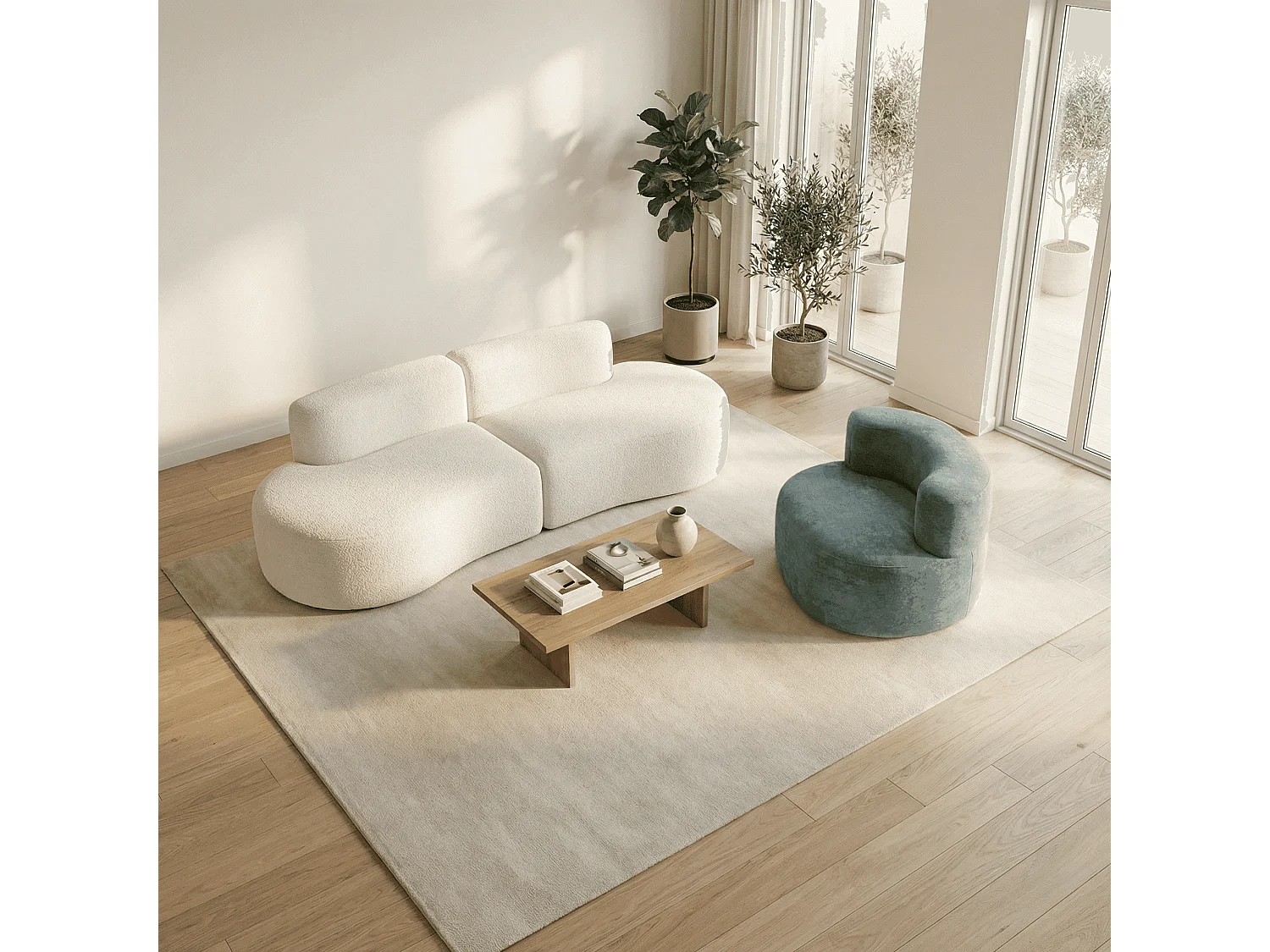 Pack lounge canapé et fauteuil - blanc et sauge